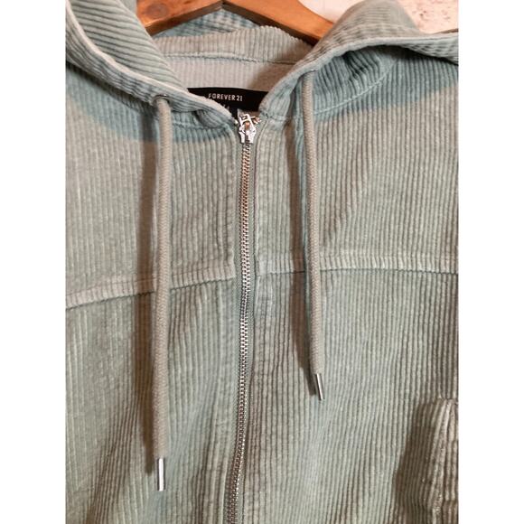 Forever 21 Corduroy Jacket Womens XS Light Sage Green Front Zip Hooded Bomber - Picture 9 of 13